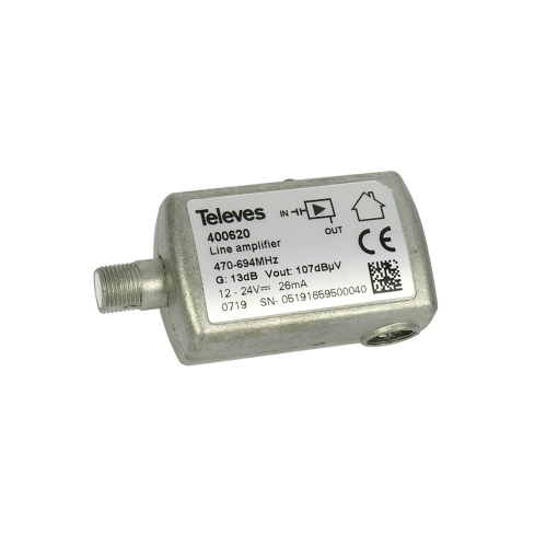 Amplificador de linha UHF, 13dB 470...694MHz C.48, Conector ''F''